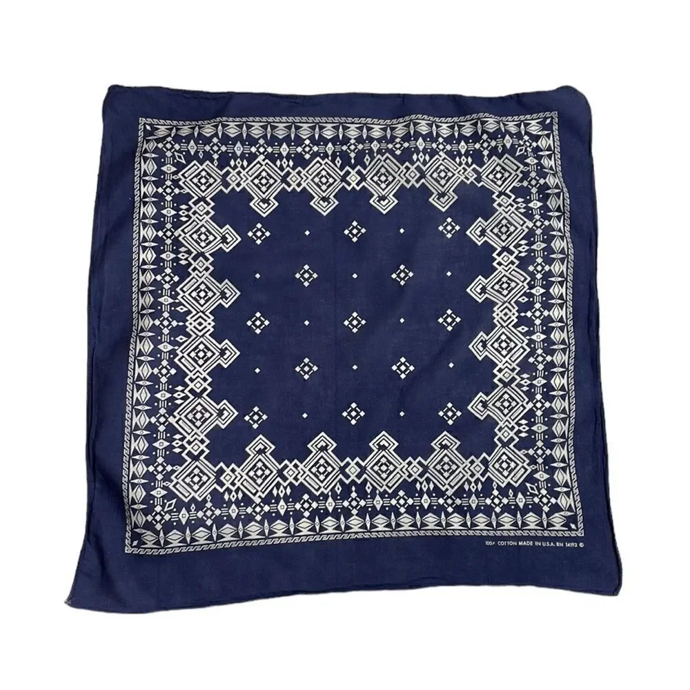 Vintage blue and white geometric print bandanna rn 14193 made in the USA